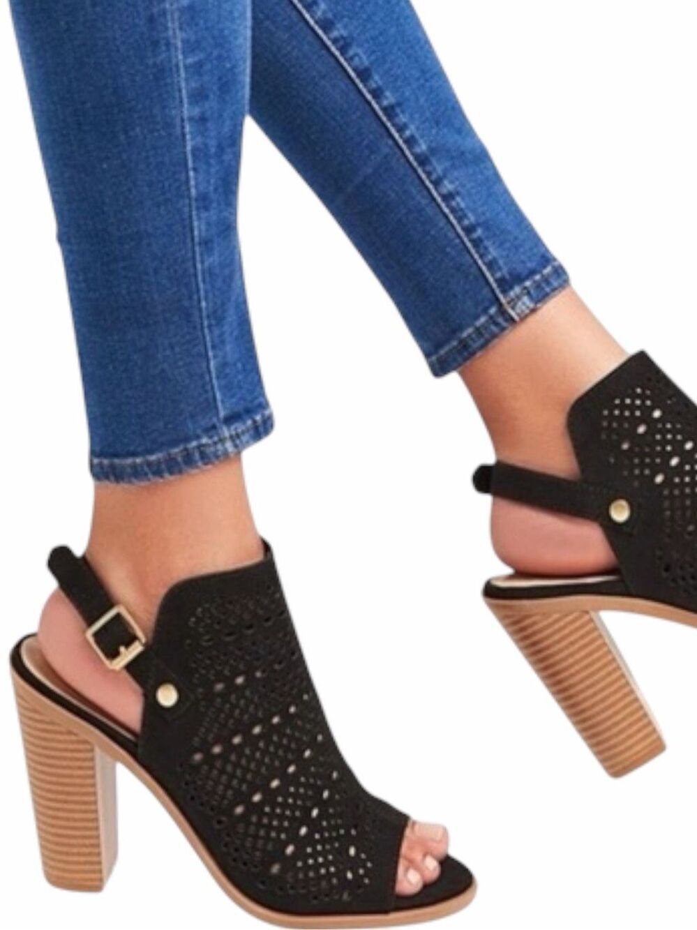 DV BY DOLCE VITA Kassi Black Perforated Peep Toe Slingback Block Heels Size 9.5
